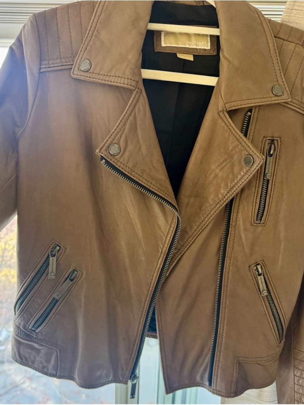 MICHAEL Michael Kors Taupe Brown Leather Moto Jacket